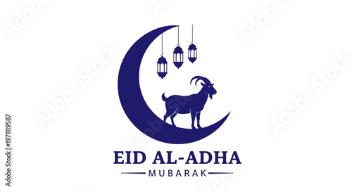 Commemorative vector illustration for a significant Islamic holiday, depicting a crescent moon, a majestic goat, and elegant decorative lamps, signifying blessings, joy, and festive celebration