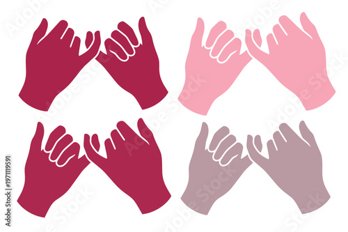 小指の誓い、約束を交わす手と指のジェスチャー、友情や信頼を表現するピンクと赤のベクターイラストセット、人間関係や絆のシンボル