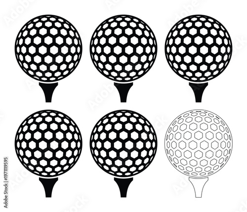 ゴルフボールとティーのモノクロベクターアイコンセット、スポーツ用品のシンプルなイラスト、ゴルフ競技やレジャー活動のグラフィック素材、ウェブサイトやアプリデザインに最適な6種類のゴルフ関連シンボル
