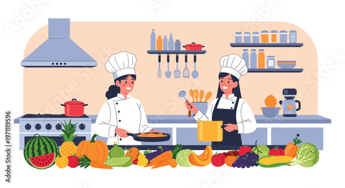 Two professional female chefs in white uniforms cook together in a modern kitchen filled with fresh fruits and vegetables.