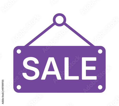 セール看板のシンプルなベクターアイコン、紫色の「SALE」表示で割引やプロモーションを強調。オンラインストア、広告、ウェブサイトデザインに最適な商用グラフィックリソース。