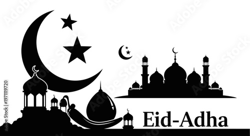 Eid Al Adha Islamic festival celebration with mosque and moon illustration