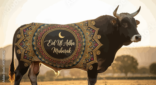 Festive Adorned Bull with Golden Patterns for Eid al-Adha Celebration, Bathed in Warm Golden Hour Light
