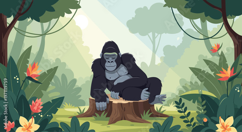 Strong gorilla resting with closed eyes on a tree stump in the middle of a lush tropical jungle with sunlight rays and flowers.