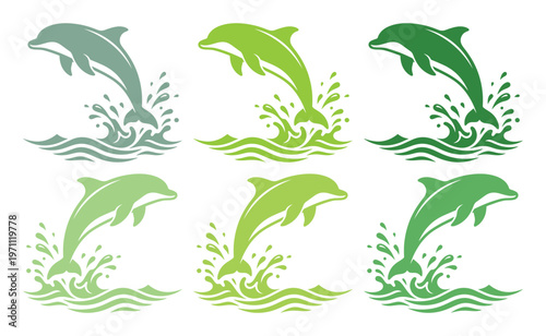 躍動感あふれるイルカのジャンプ、水しぶきと波を伴う美しいシルエットのベクターイラストセット。海洋生物、水生動物のシンボルデザイン、ロゴやアイコンに最適な6種類の緑色グラデーション。