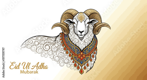 Eid Ul Adha Mubarak with a decorative ram illustration