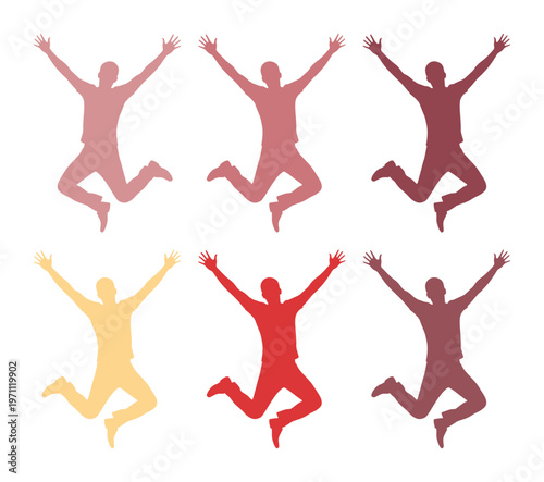 喜びを表現するジャンプする男性のシルエット、躍動感あふれる人々が飛び跳ねるベクターイラスト素材、成功と自由を象徴するアクティブなポーズの人物コレクション、ポジティブな感情と達成感を伝えるグラフィックリソース