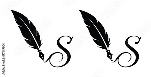 エレガントな羽ペンと流れるようなS字の筆記体ロゴ、書道や文学を象徴するクラシックなベクターイラスト素材、執筆や教育関連のプロジェクトに最適なデザインエレメント