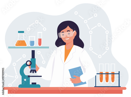 Female Scientist, Laboratory Chemist in Lab coat at work in laboratory with Test Tubes and Microscope. Science and Medical Research concept. Vector flat iillustration.