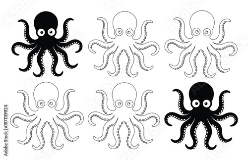かわいいタコのイラストセット、白黒のシンプルなタコキャラクターベクター素材、海洋生物のアイコンコレクション、水族館や海のテーマデザインに最適なタコのアートワーク