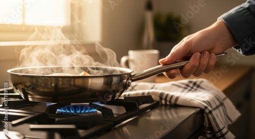 Capturing the inviting warmth and sensory experience of home cooking, a hand skillfully tends to sizzling food in a steaming frying pan over a vibrant gas flame on a kitchen stove