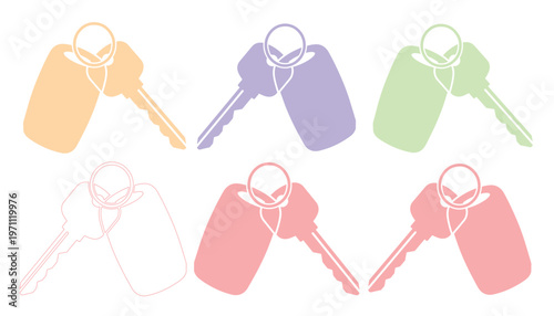 カラフルなキーホルダーと鍵のベクターイラストセット、不動産やセキュリティ関連のビジネスに最適なシンプルでモダンなデザイン、6種類のパステルカラーの鍵とタグのコレクション