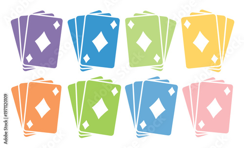 カラフルなトランプのカードセット、ダイヤモンドのマークが特徴的なベクターイラスト素材。ゲームやエンターテイメント、カジノ関連のデザインに最適なカードのコレクション。