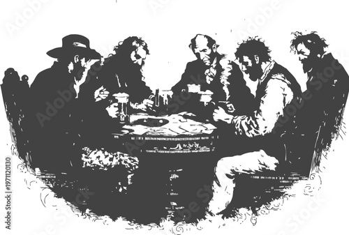 group of men sitting around a table playing cards and socializing indoors
