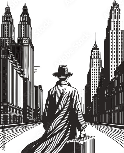 Vintage detective silhouette walking downtown with briefcase through tall city buildings