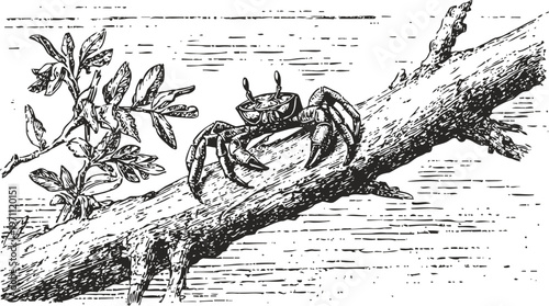 crab climbing on tree branch with leaves in natural habitat black and white line art illustration