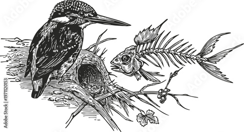 Kingfisher bird perched on branch near hollow with detailed fish skeleton illustration