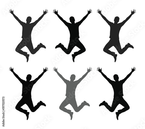 喜びを表現する跳躍する人物のシルエット、躍動感あふれる男性のベクターイラストセット、成功と自由を象徴するアクティブなポーズ、グラフィックデザインや広告素材に最適なコレクション