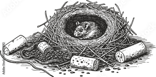 mouse resting inside a nest surrounded by corks and spilled seeds on a surface