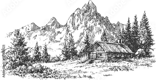 Rustic cabin in mountain landscape with pine trees and rocky peaks, nature wilderness retreat