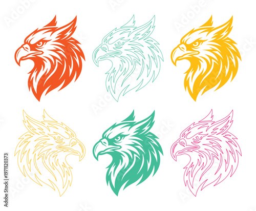 力強く威厳のあるグリフォンの頭部ベクターイラストセット、神話上の生き物のエンブレムデザイン、様々な色とスタイルのグリフォンアイコン、ファンタジーや紋章学のプロジェクトに最適なグラフィック素材