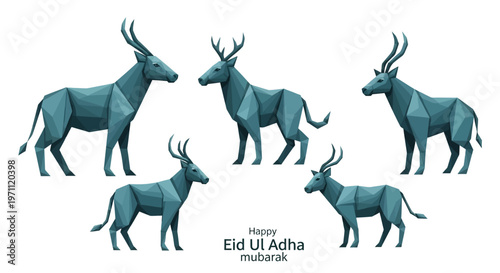 Joyful Eid al-Adha celebration with stylized geometric animals. Modern low-poly illustration of horned mammals, perfect for Islamic festival greetings and blessings
