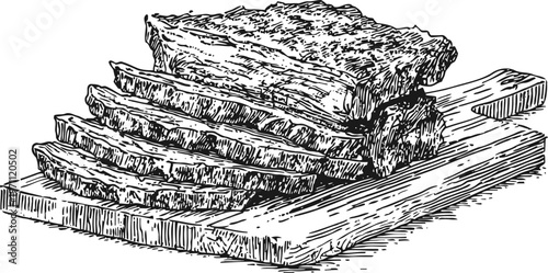 Hand drawn sliced bread on wooden cutting board vintage bakery loaf illustration with texture details