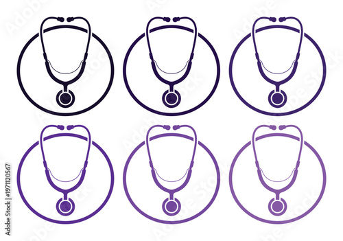 医療と健康のシンボル、聴診器のアイコンセット。診察、診断、医療従事者を象徴するベクターイラスト素材。病院、クリニック、ヘルスケア関連のデザインに最適。