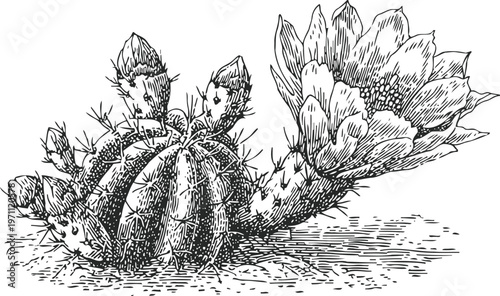 Detailed hand drawn cactus with blooming flower and small buds in black and white engraving