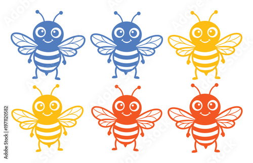 かわいいミツバチのキャラクターセット、青、黄、赤の3色展開、子供向けデザインや教育コンテンツに最適なベクターイラスト素材