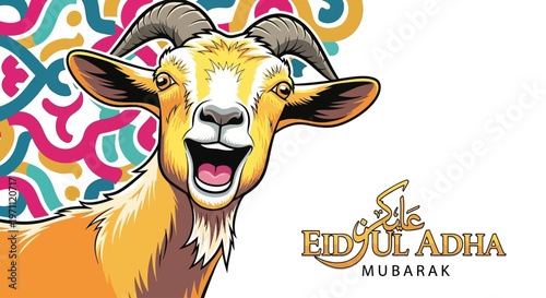 Happy Eid Ul Adha Greeting Card Featuring a Joyful Goat Illustration