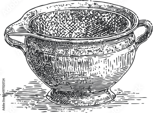 Vintage textured ceramic bowl with handles, classic kitchenware illustration