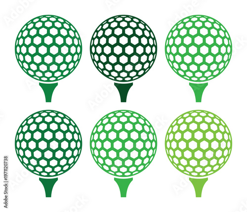 ゴルフボールとティーのベクターアイコンセット、緑色のゴルフボールとティーのシンプルなイラスト、スポーツイベントやゴルフ関連デザインに最適なグラフィックリソース
