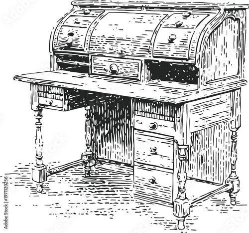 Vintage roll top desk illustration with detailed wood texture and multiple drawers