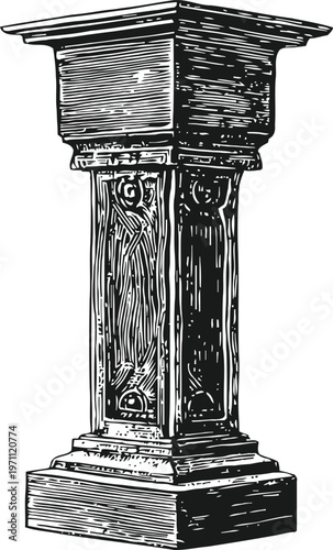 Antique wooden pedestal column with detailed carved panels and robust base design