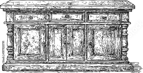 Vintage wooden sideboard cabinet with drawers and doors, classic furniture illustration