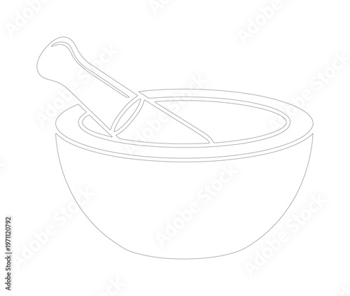 ミニマルなラインアートの乳鉢と乳棒、薬学や料理の準備に最適なシンプルなベクターイラスト素材、医療やハーブのアイコンデザイン