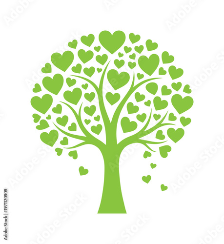愛と生命を象徴するハートの葉を持つ緑の木、環境保護や成長を表現するエコフレンドリーなベクターイラスト、自然と感情のつながりを描くデザイン素材