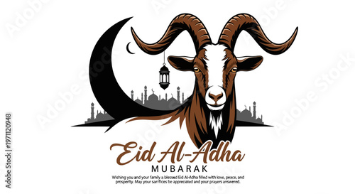 Eid al-Adha Mubarak Greeting with Goat and Crescent Moon