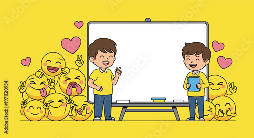 Two happy young boys standing in front of a blank whiteboard surrounded by many yellow laughing emojis and pink hearts.