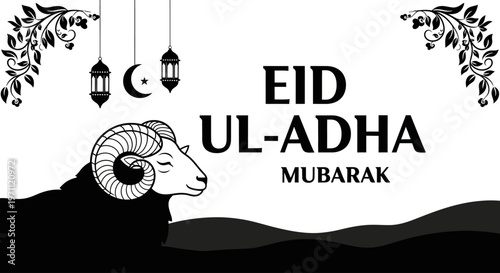 Symbolic Eid al-Adha Greeting Design Featuring a Majestic Ram, Crescent Moon, and Festive Lanterns, Representing Sacrifice and Blessings