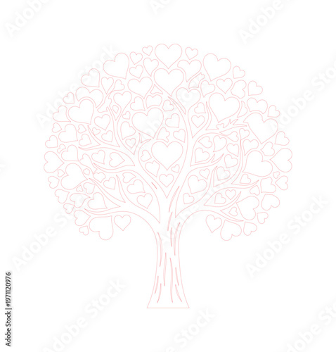 愛と生命の象徴、ハートの葉が茂るロマンチックな木々。バレンタインや結婚式のデザインに最適な、繊細なピンクのラインアートベクターイラスト。