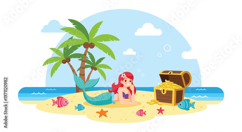 Beautiful red-haired mermaid resting on a sandy tropical beach next to a treasure chest filled with gold coins and palm trees.