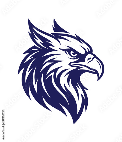 力強く威厳のあるグリフォンの頭部イラスト、神話上の生き物のエンブレム、ファンタジーと強さを象徴するベクターアート、ロゴやマスコットデザインに最適なグラフィック素材