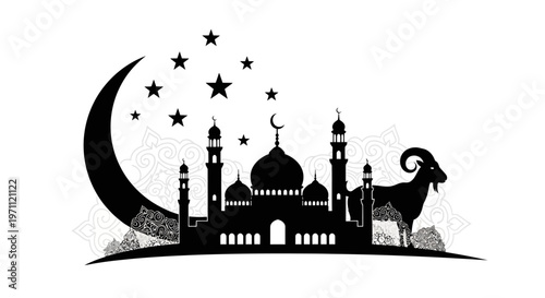 Elegant Islamic celebration graphic featuring a mosque silhouette, crescent moon, stars, and goat, perfect for religious holidays and festivals