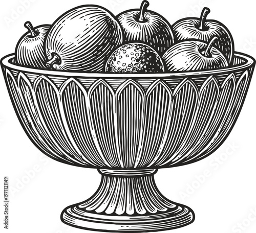 Decorative fruit bowl with apples and an orange in vintage engraved illustration
