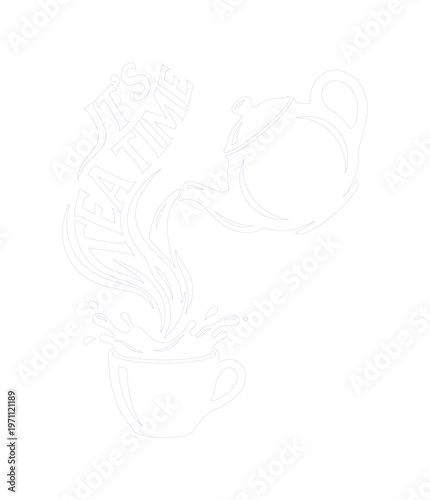 手描き風のティータイムイラスト、湯気が立ち上る温かい紅茶とティーポット、カフェやリラックスシーンにぴったりのベクター素材