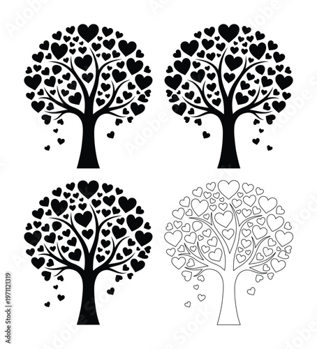 ハートの葉が茂る愛の木々、ロマンチックなシルエットとアウトラインのベクターイラストセット。バレンタインデーや結婚式のデザインに最適な、感情豊かなシンボル。
