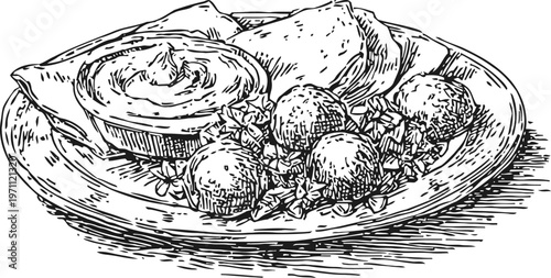 Classic falafel plate with dipping sauce and pita bread, middle eastern traditional food illustration
