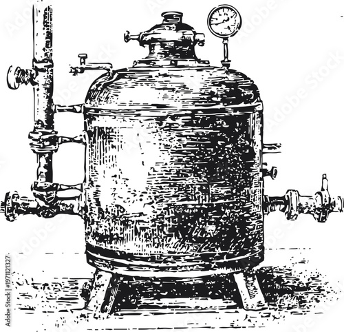 Vintage industrial pressure vessel with gauge and pipes, old engineering equipment illustration